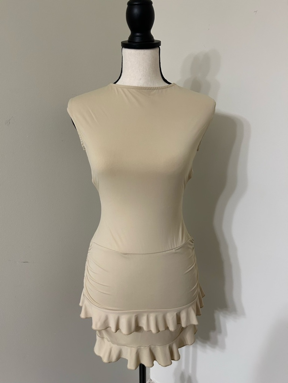 Lioness Beige Sleeveless Ruched Ruffle Mini Dress, Open Back Tie, Stretch SZ S